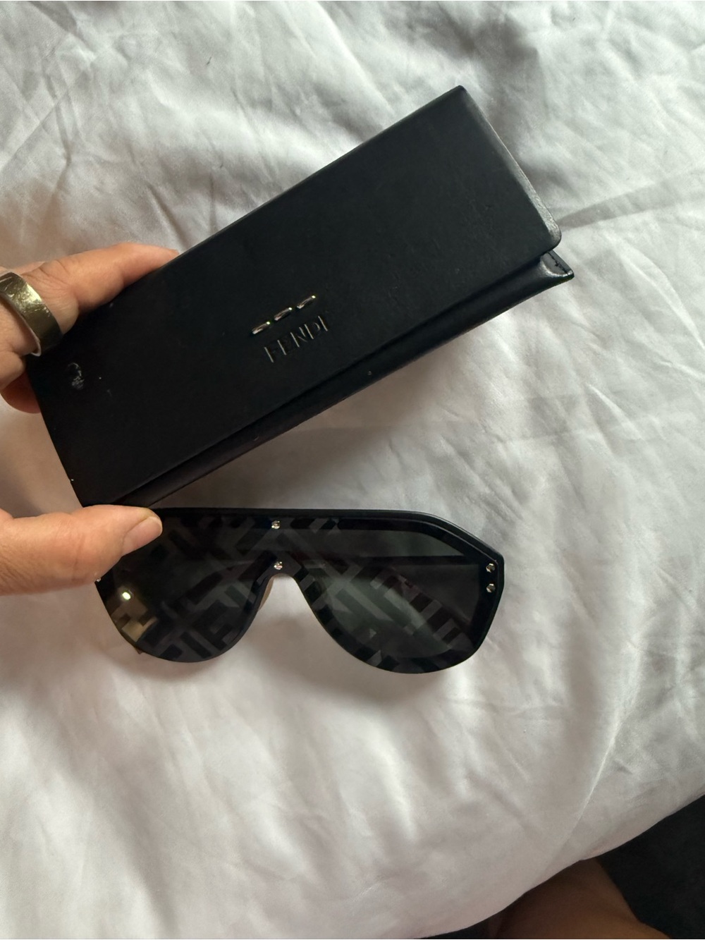 Fendi Black Shield Sunglasses with Patterned Lenses and Black Case